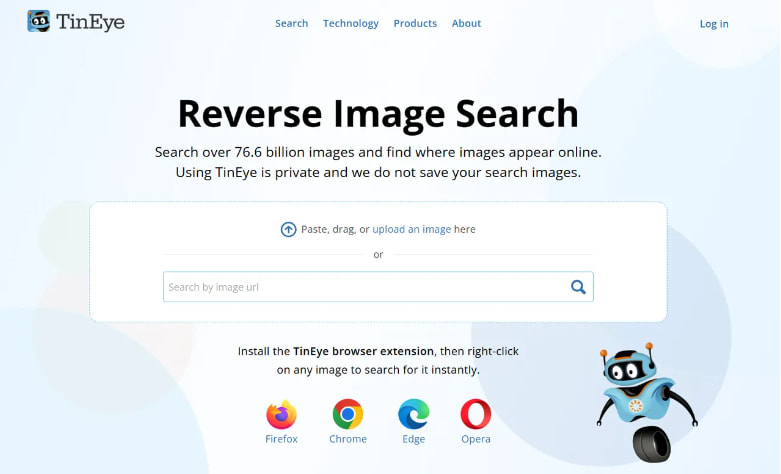 TinEye's reverse image search function is presented to you