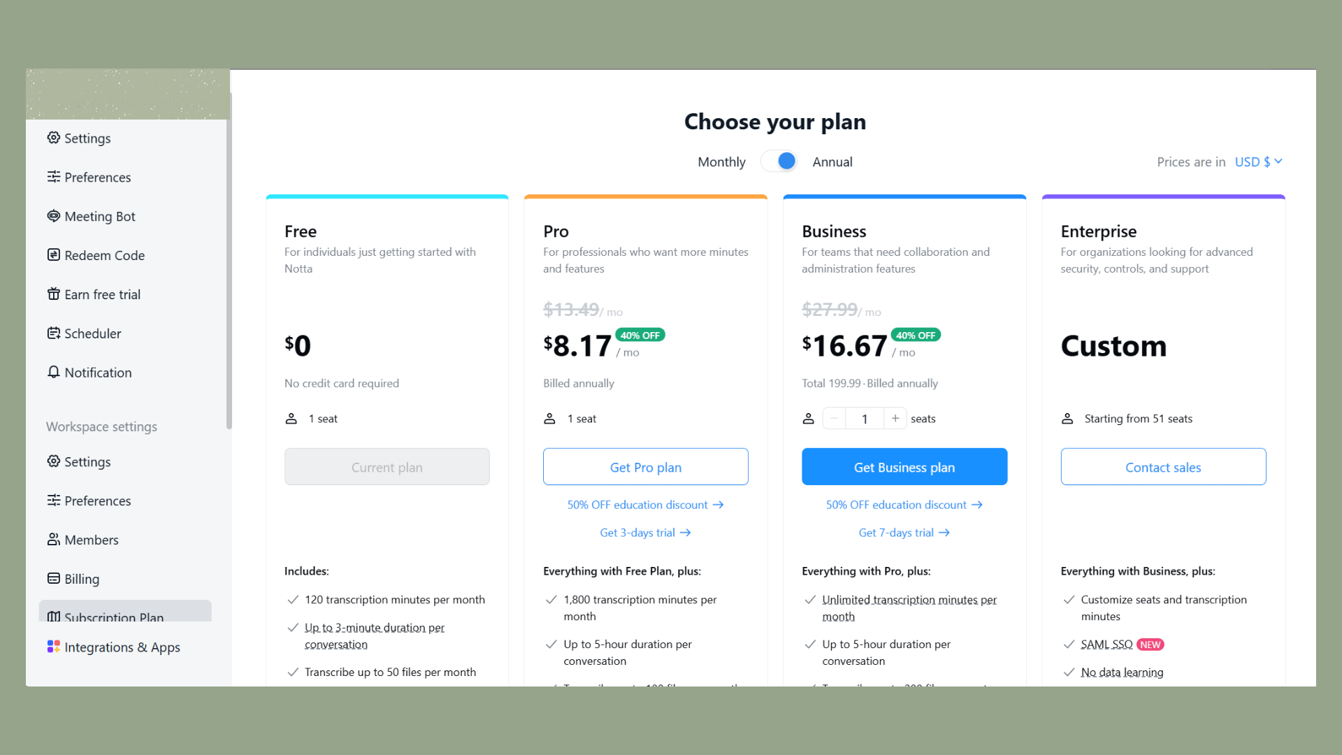 pricing of Notta