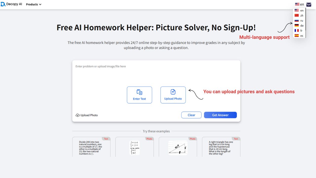 decopy ai homework helper supports image upload