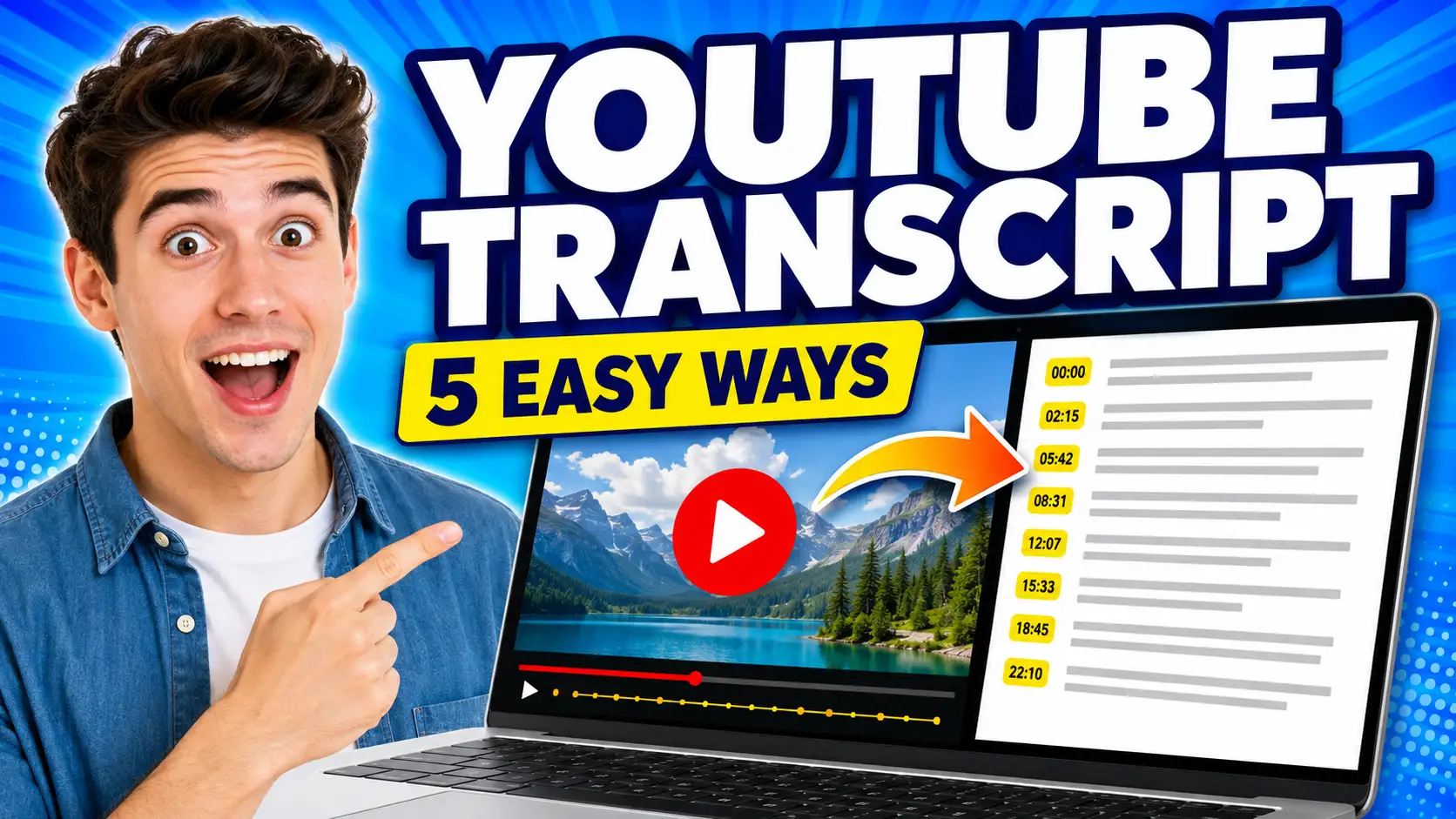 A bright blog cover showing five ways to get a transcript from a YouTube video