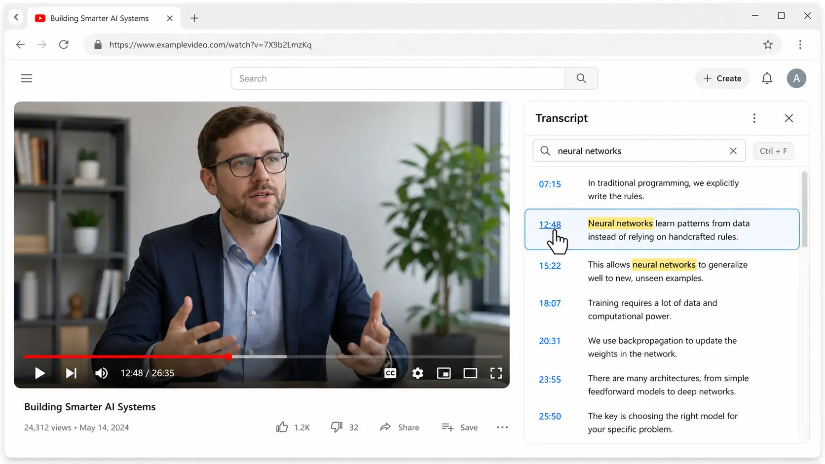 how to search a youtube transcript