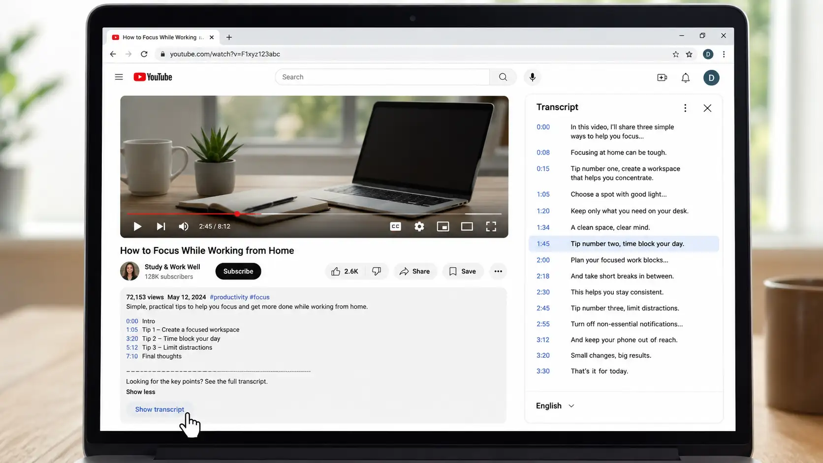 open youtube transcript on desktop