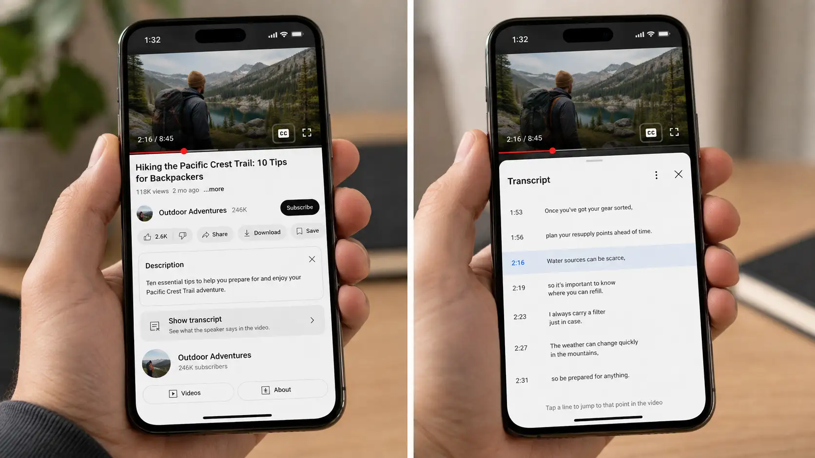view youtube transcript on mobile