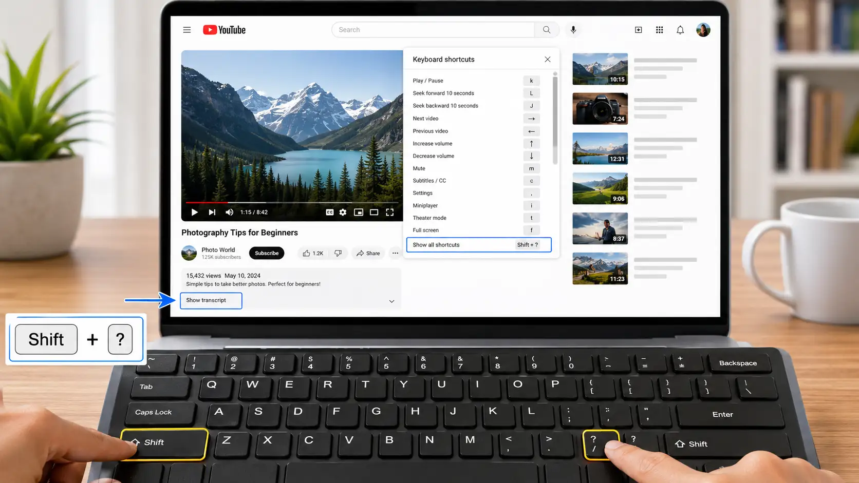 youtube transcript keyboard shortcuts