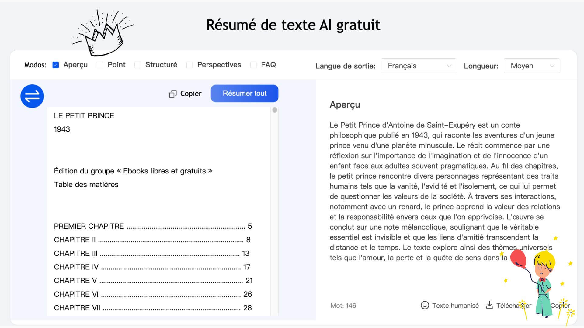 Fonctionnalités de l’résumeur AI 