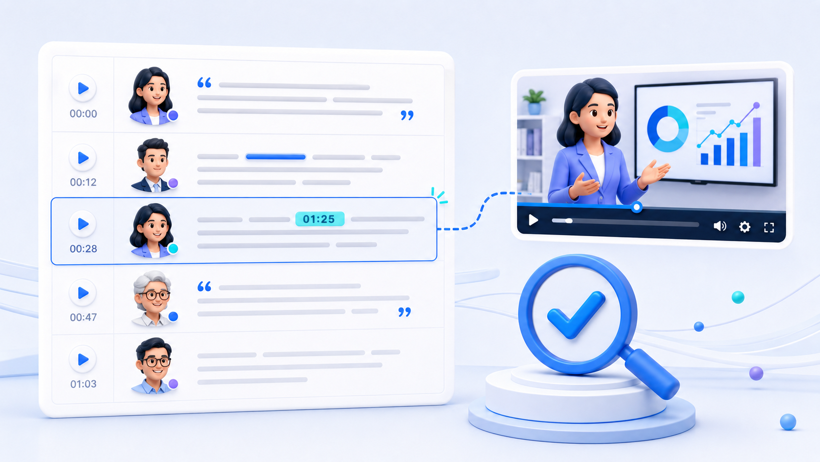 Review video timestamps and verify important transcript details
