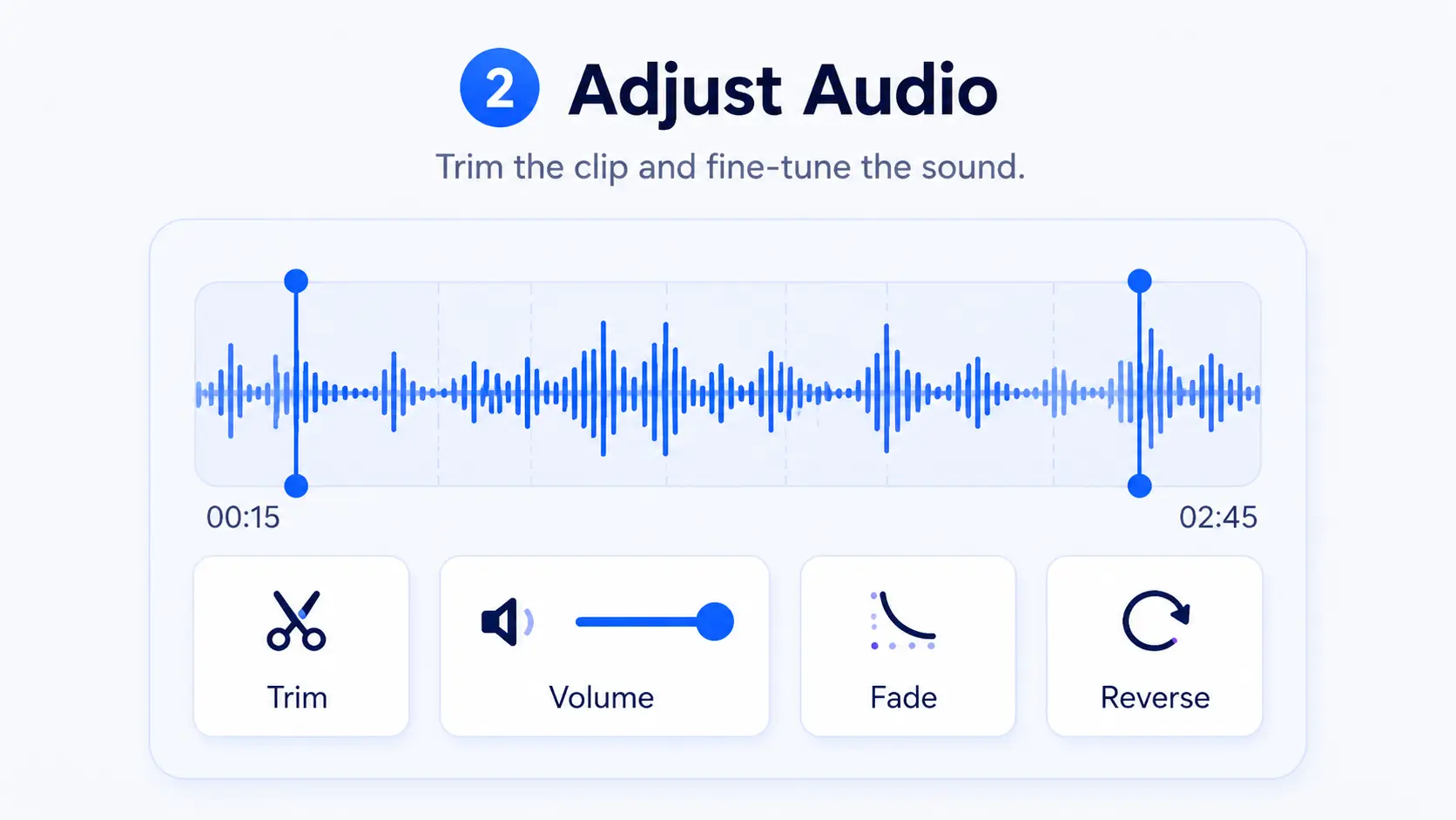 Step 2 of converting MP4 to MP3 by adjusting audio settings such as trim, volume, and fade effects