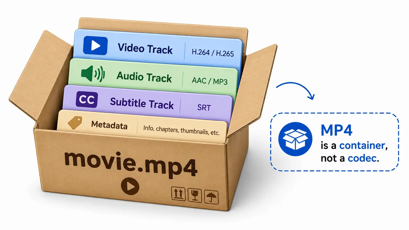 Illustration showing MP4 as a container with video track, audio track, subtitle track, and metadata inside