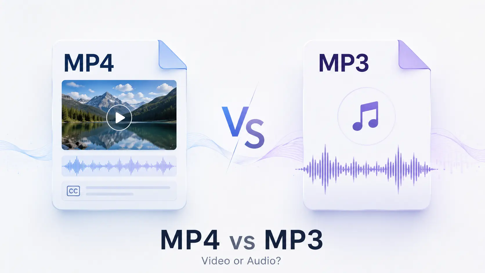 MP3 vs MP4 comparison cover image showing an MP4 video file and an MP3 audio file side by side