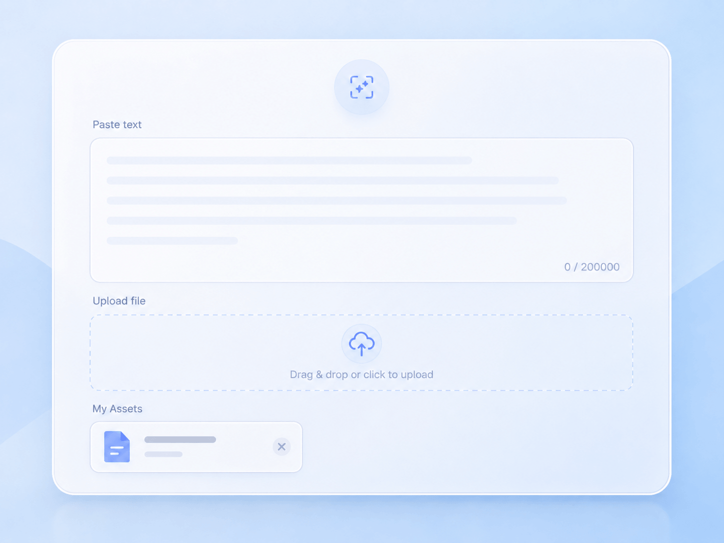 AI text detector interface for pasting text, uploading files, and selecting documents