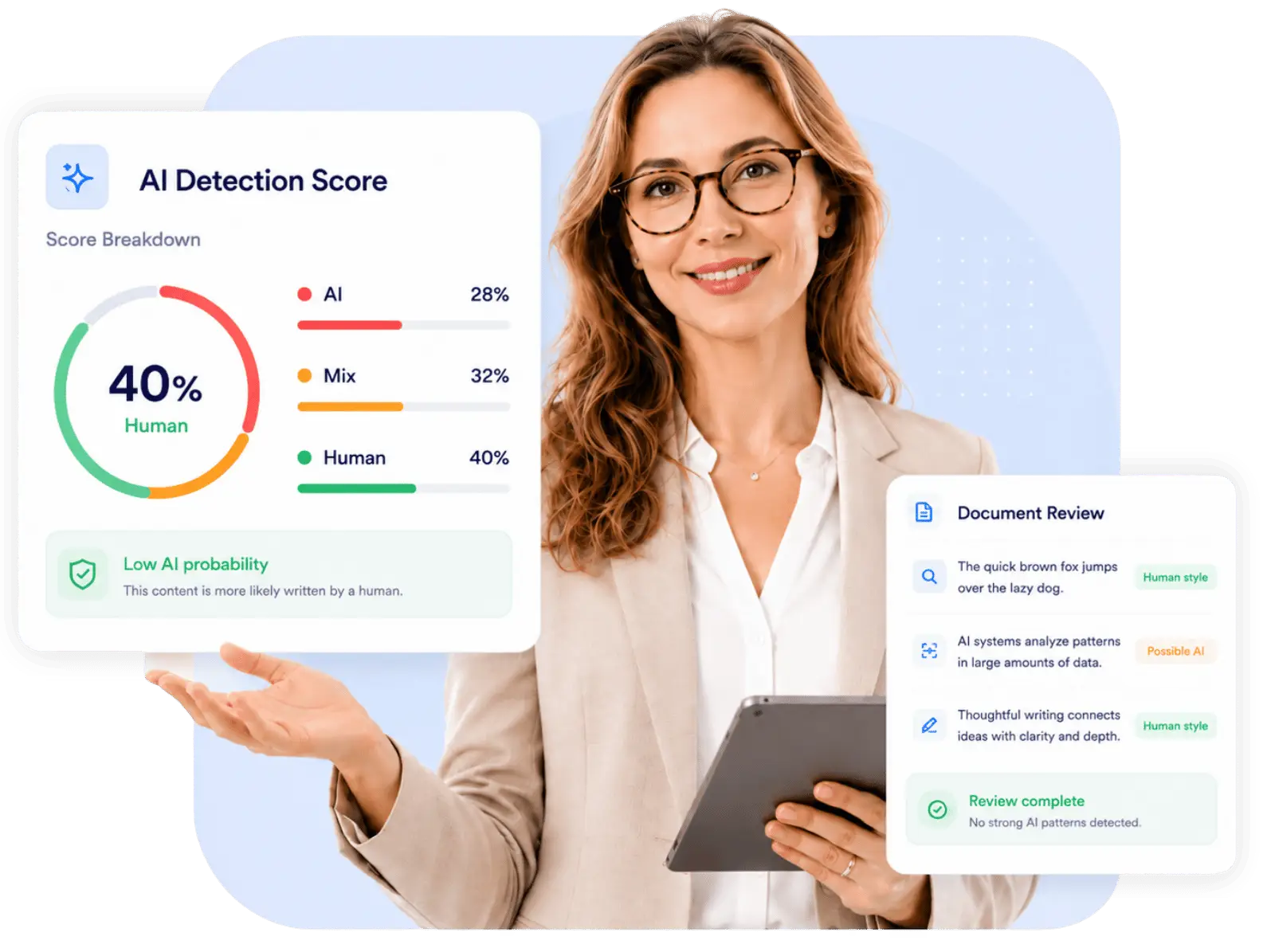 AI detection score interface with a teacher explaining the difference between AI detection and plagiarism checking.