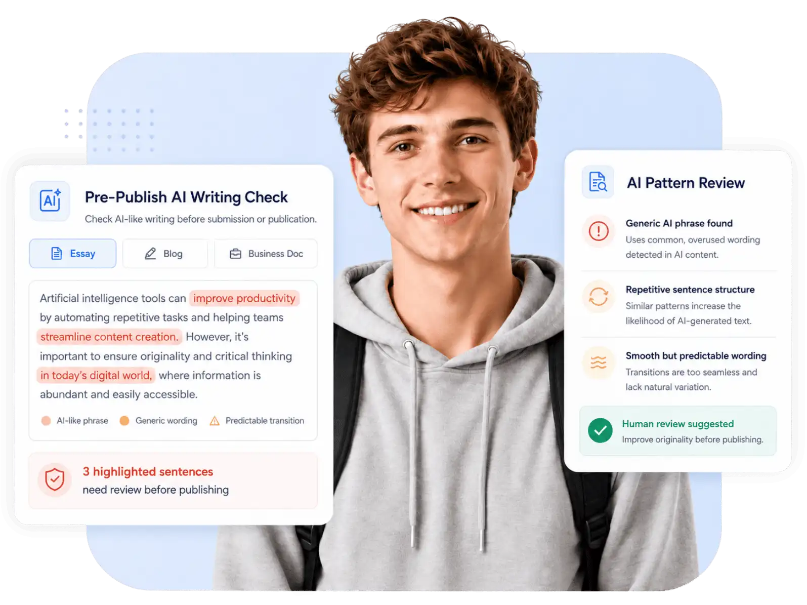 Decopy AI Detector showing a student reviewing AI, Mix, and Human scores before publishing written content.