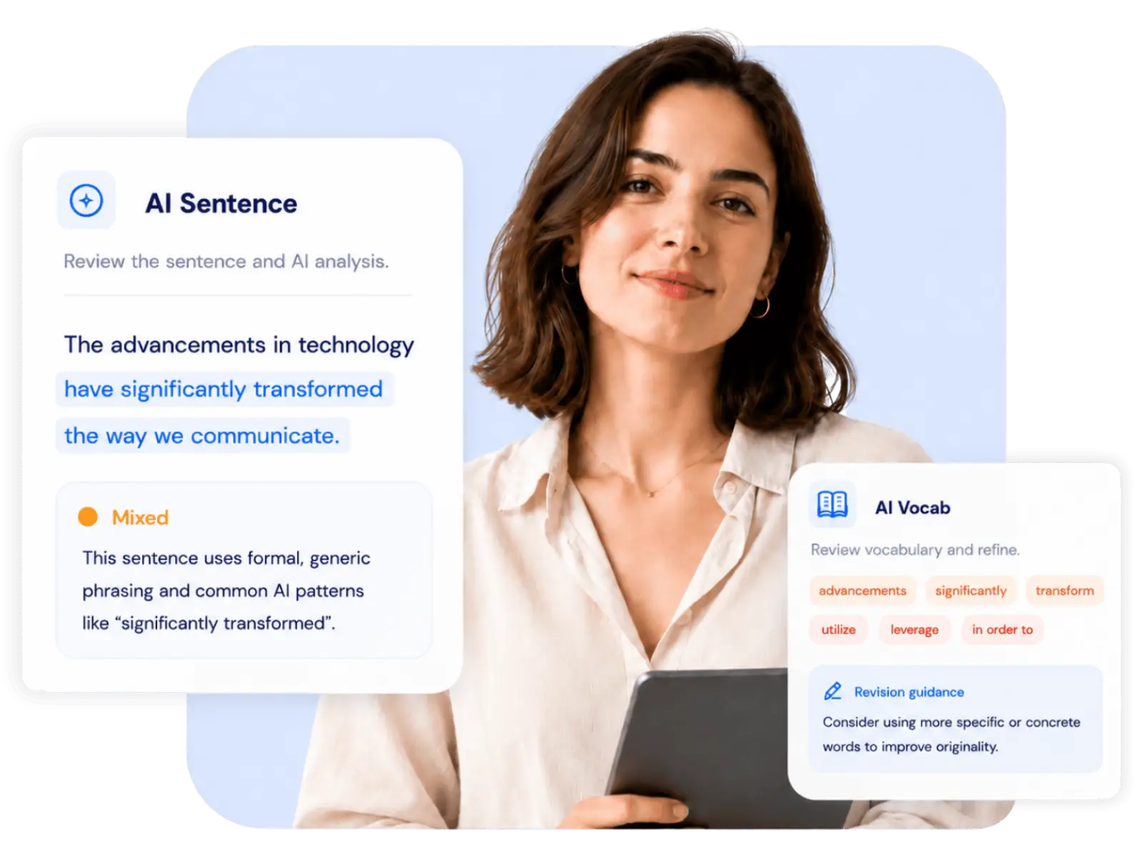 AI Sentence and AI Vocab analysis interface showing highlighted text, word-level signals, and revision guidance.