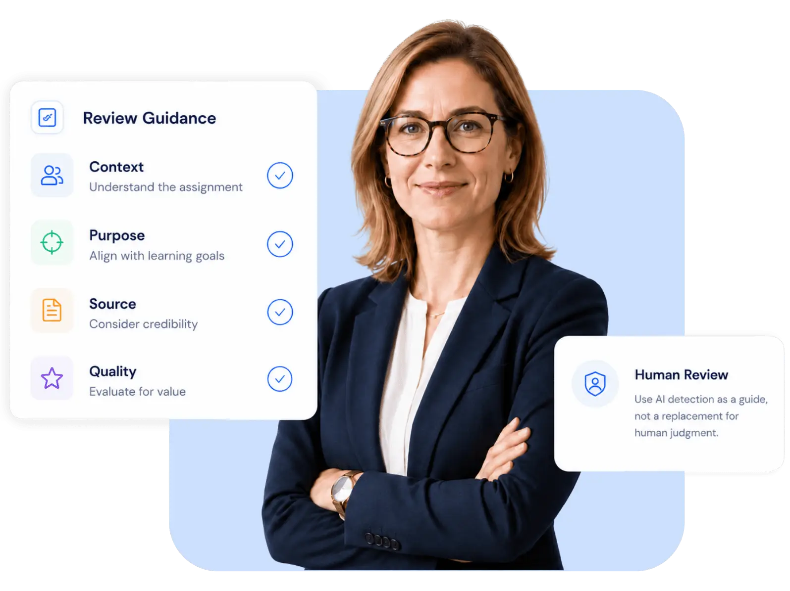 Responsible AI detection illustration showing human review guidance, context checks, source review, and writing quality evaluation.