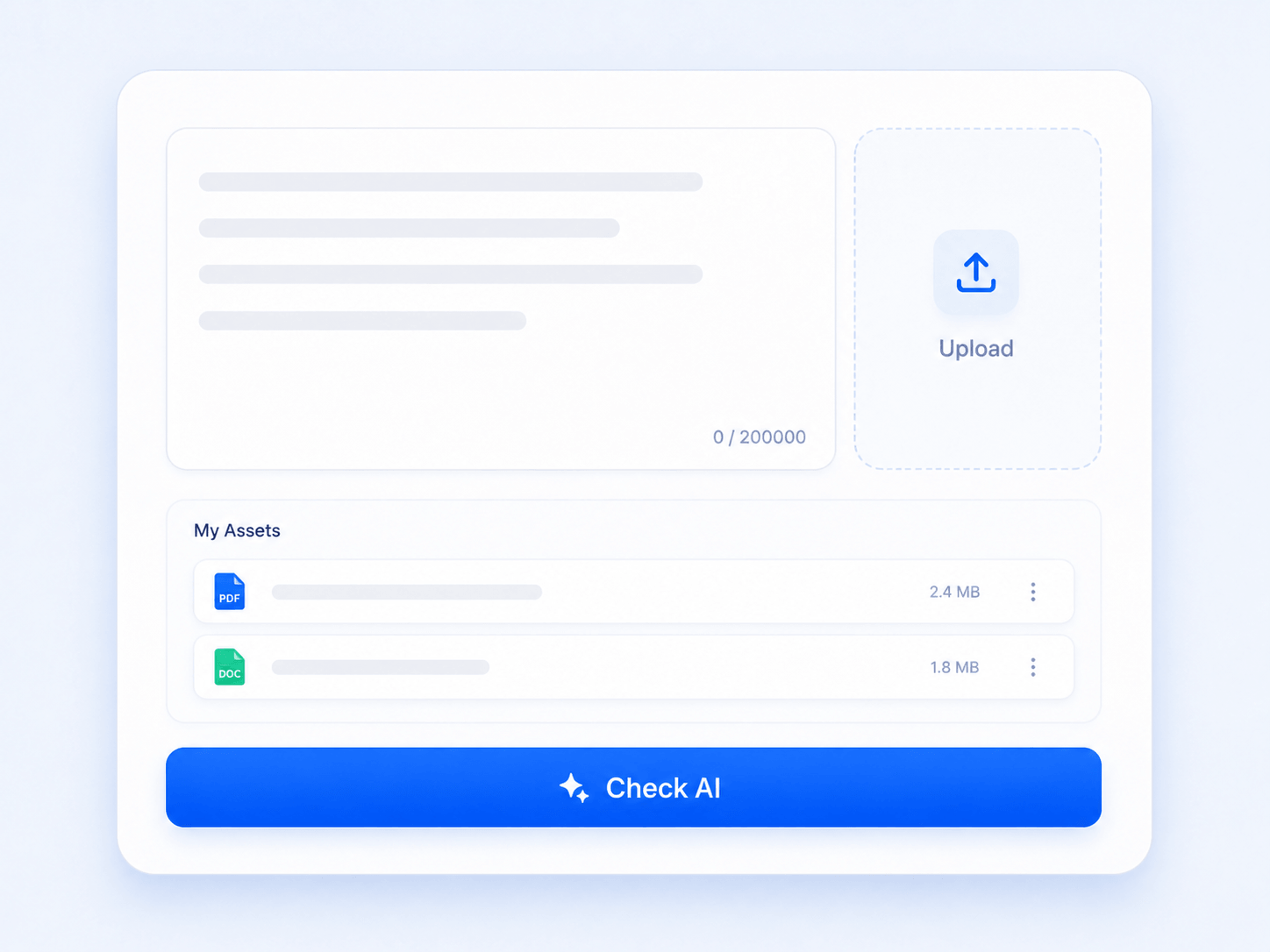 AI detector interface with large text input, file upload, and My Assets support