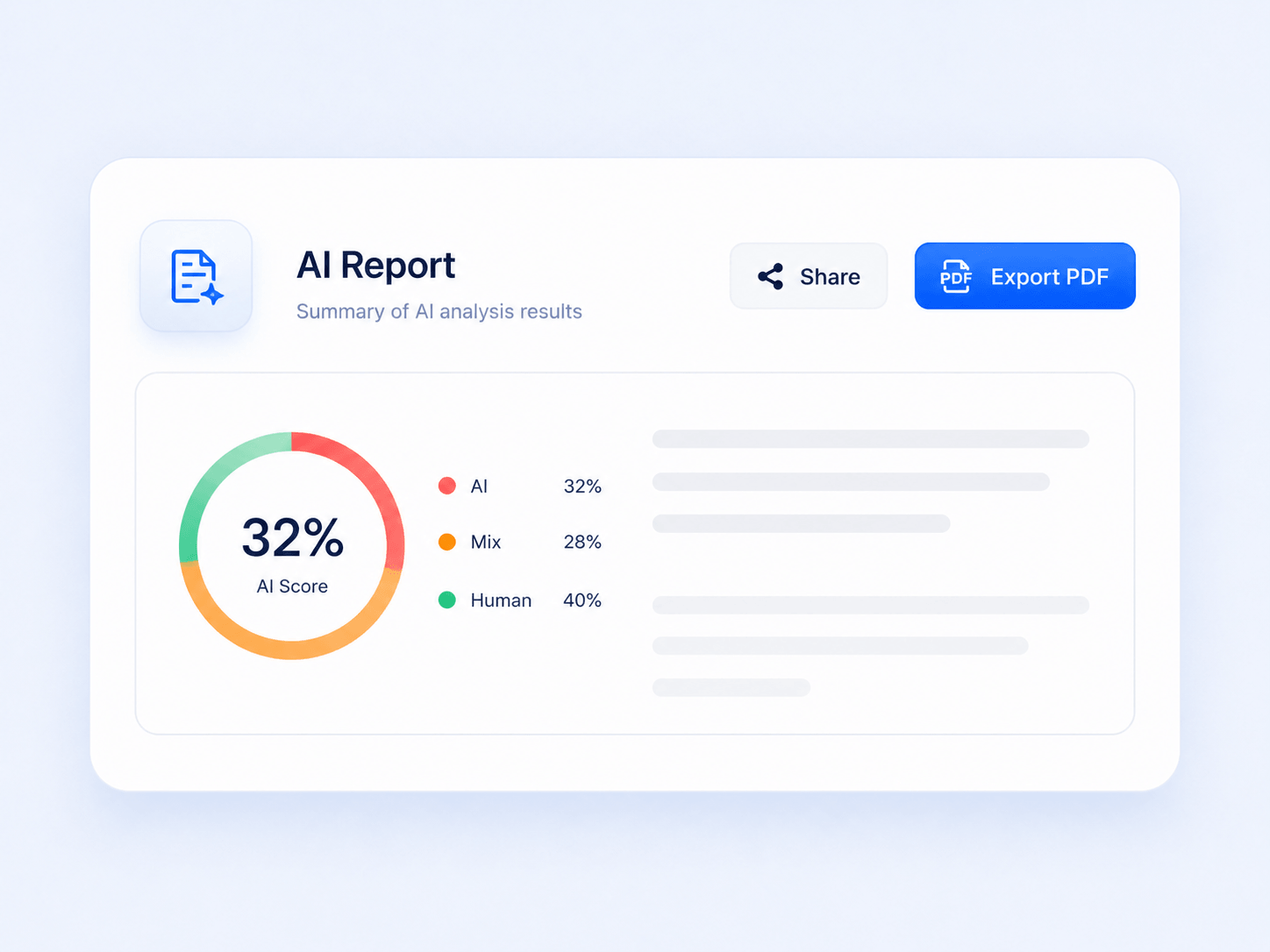AI detection report interface with online sharing and PDF export options