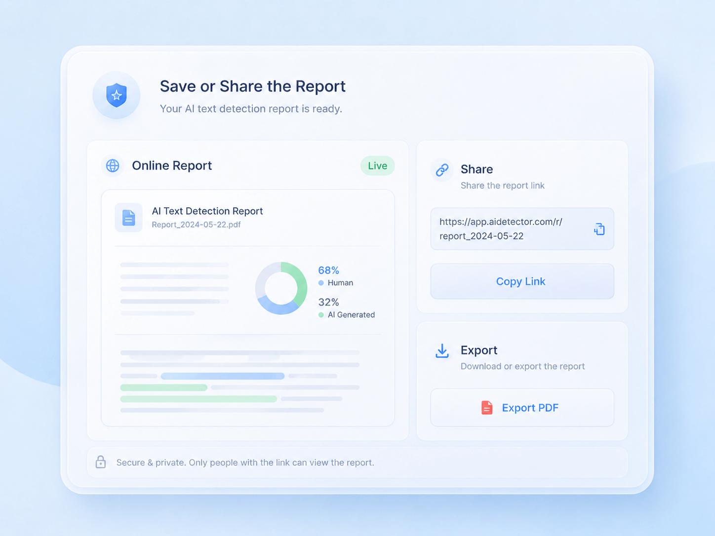AI detection report interface with online sharing and PDF export options