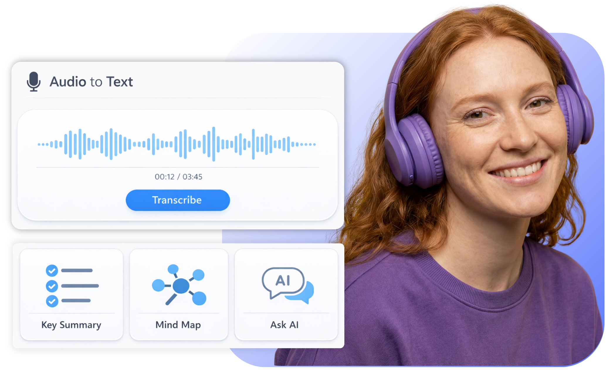 Conversor de áudio para texto com IA com resumos e mapas mentais