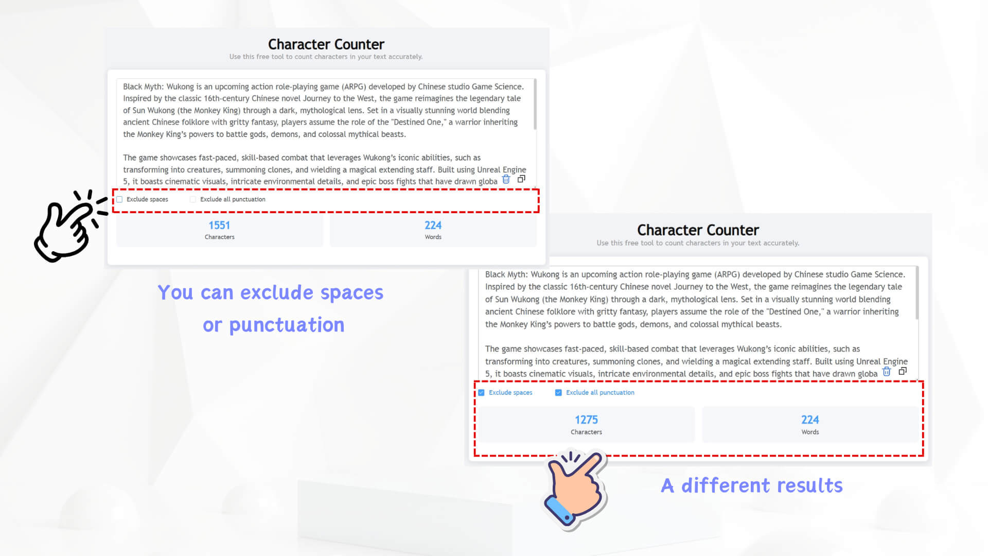 Support calculation after excluding spaces and punctuation marks
