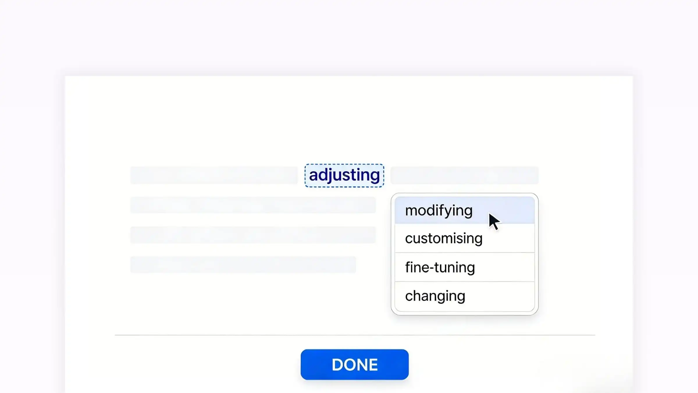 Humaniseur de texte IA proposant plusieurs formulations pour modifier une phrase