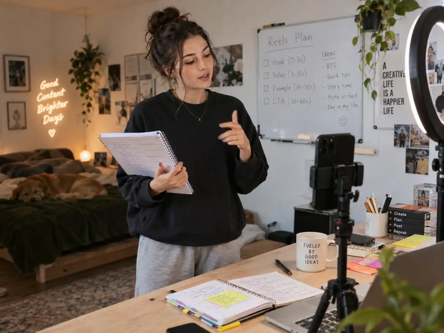 Content creator planning Instagram Reels ideas with a camera setup and notes in a creative workspace