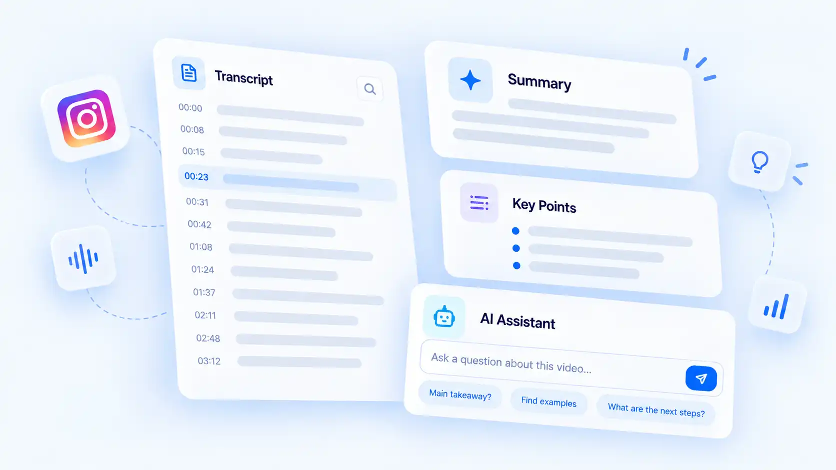 Transcript workspace showing AI summary, key points, and assistant tools for exploring Instagram video content