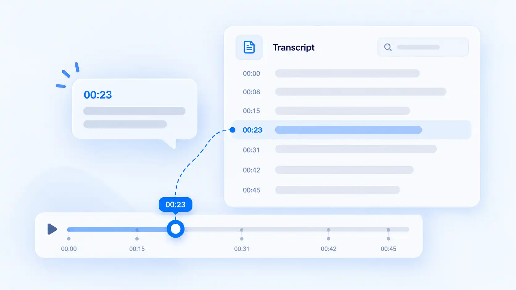 Transcript interface showing timestamps linked to specific moments for checking wording and context