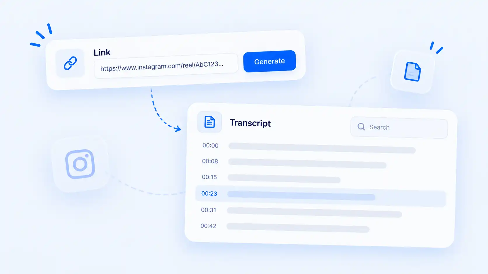 Instagram transcript interface showing a public Reel link converted into searchable transcript text
