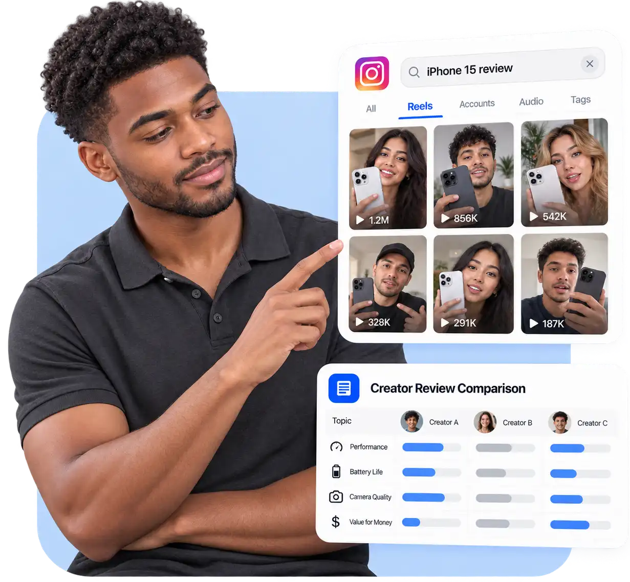 Instagram Reels creator review comparison with multiple video results and transcript insights for analyzing product experiences and recommendations