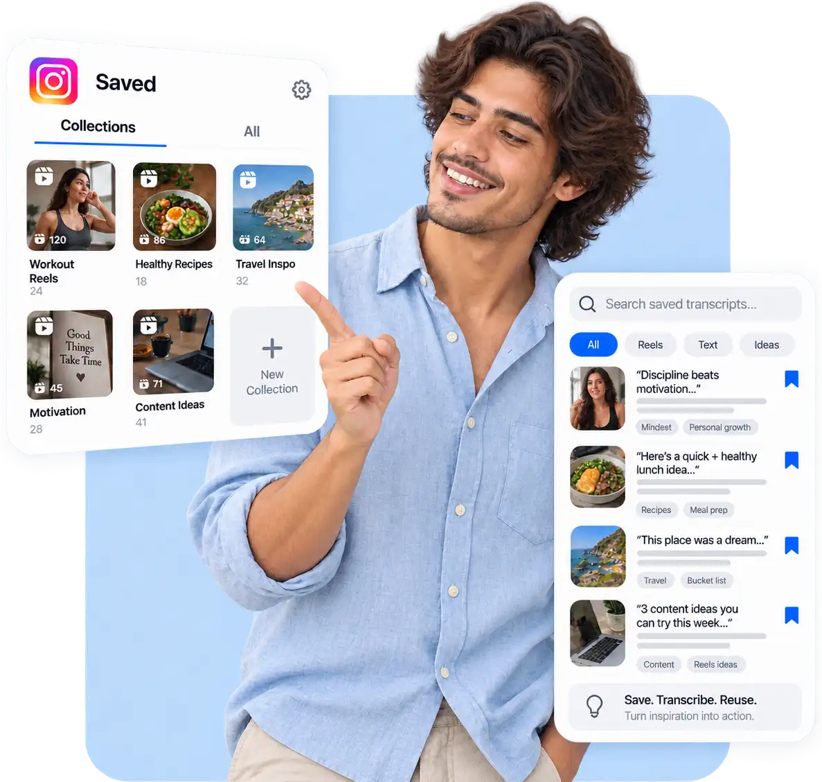 Instagram saved Reels transcript library with searchable collections and text summaries for organizing saved video insights