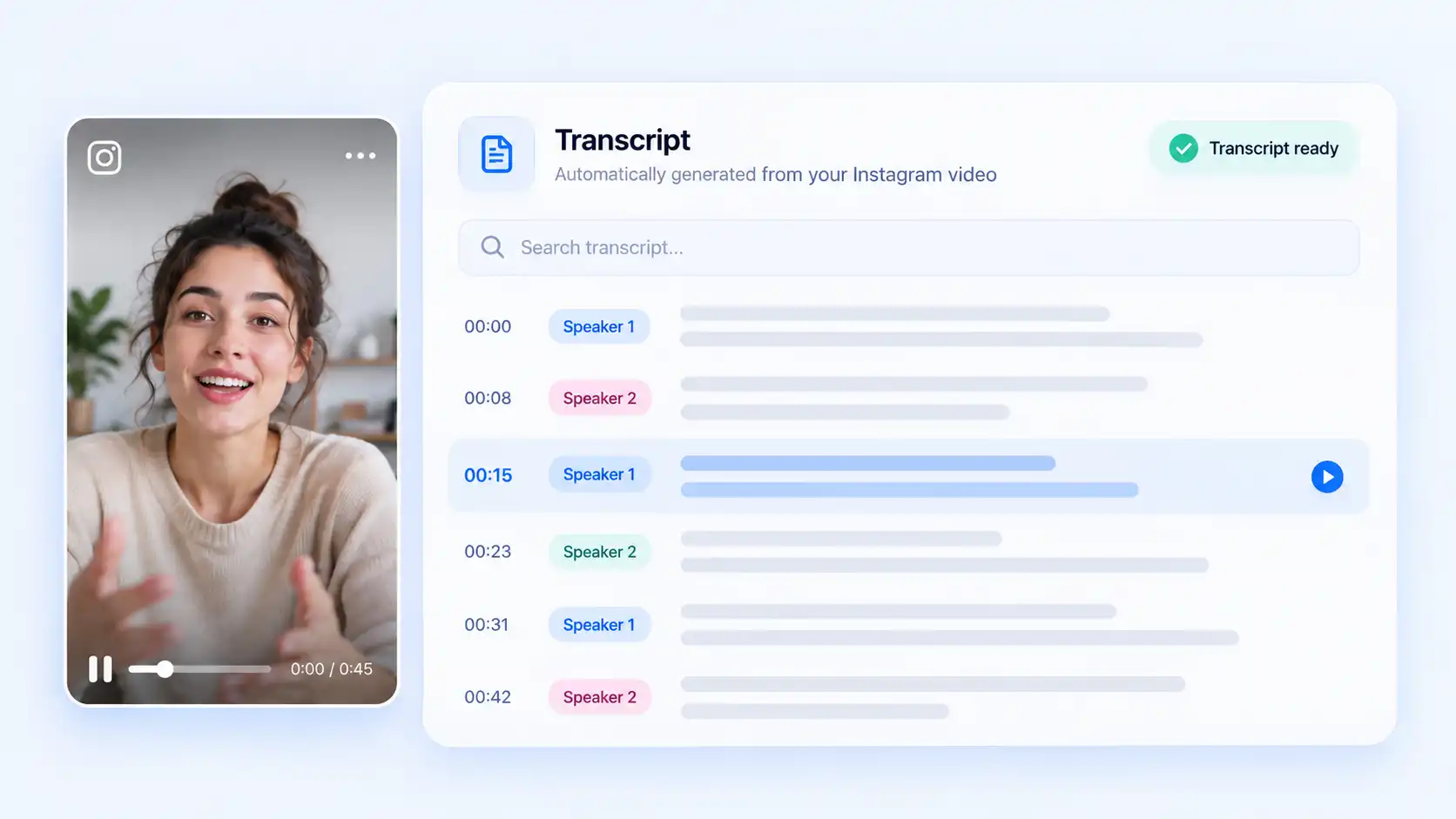 Instagram transcript interface showing spoken video content in text form for easier reading and review