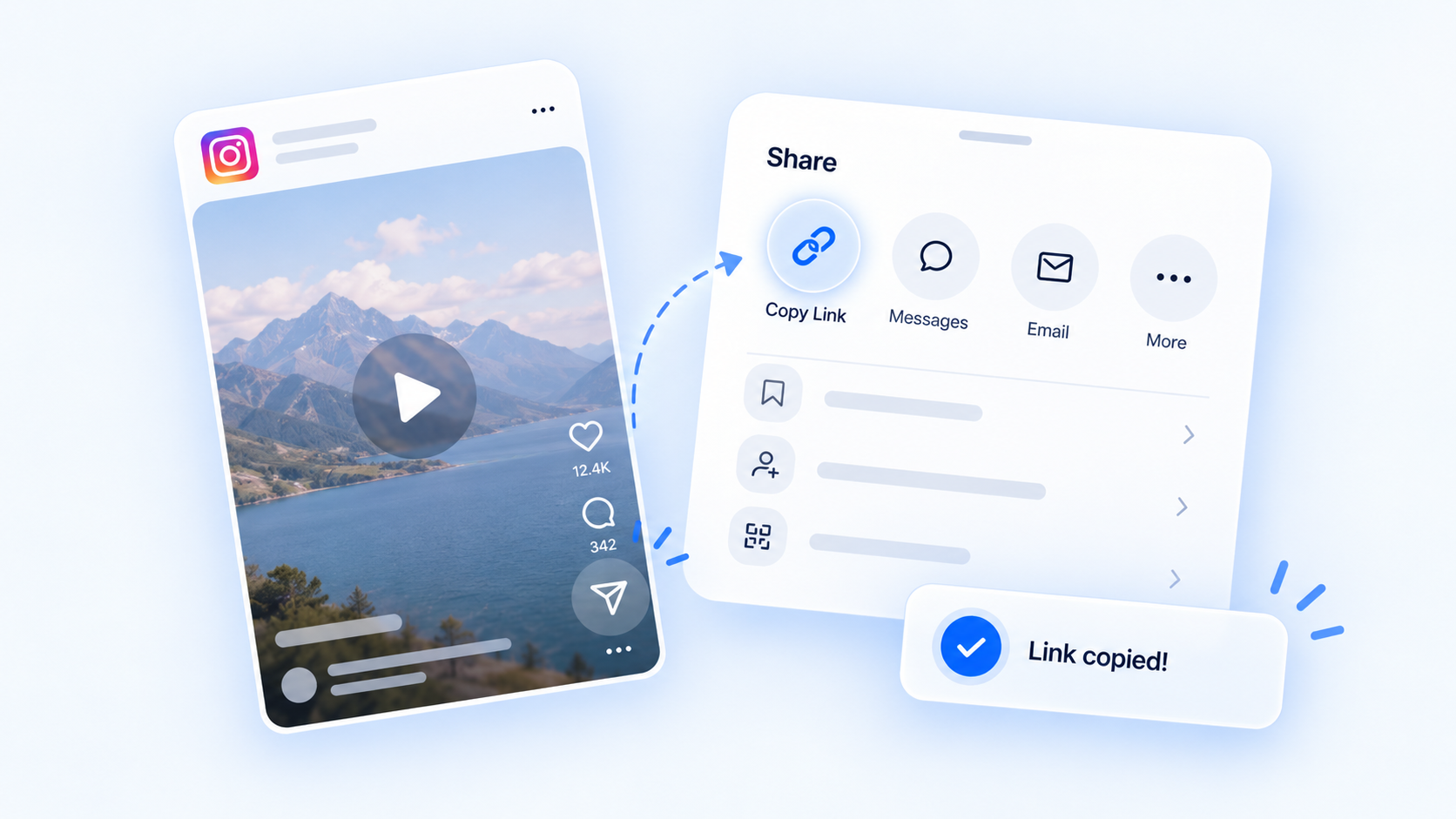Instagram Reel interface showing the Share menu with the Copy Link option selected and a confirmation that the link was copied