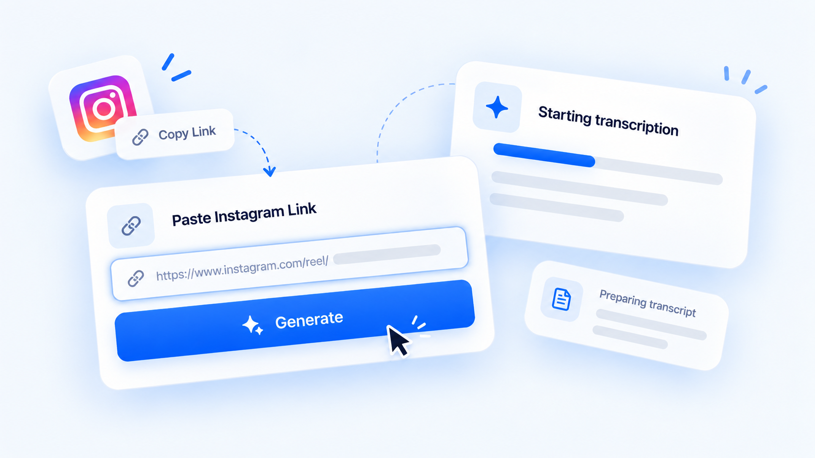 Transcript generator interface showing an Instagram link pasted into the input field and transcription starting