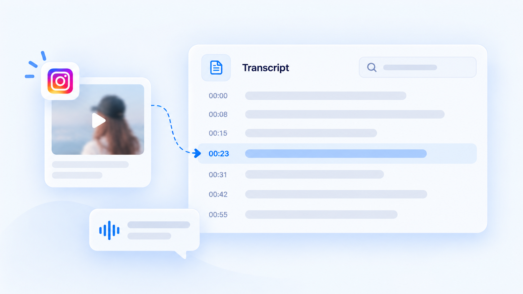 Instagram transcript interface showing searchable text with timestamps generated from spoken video content