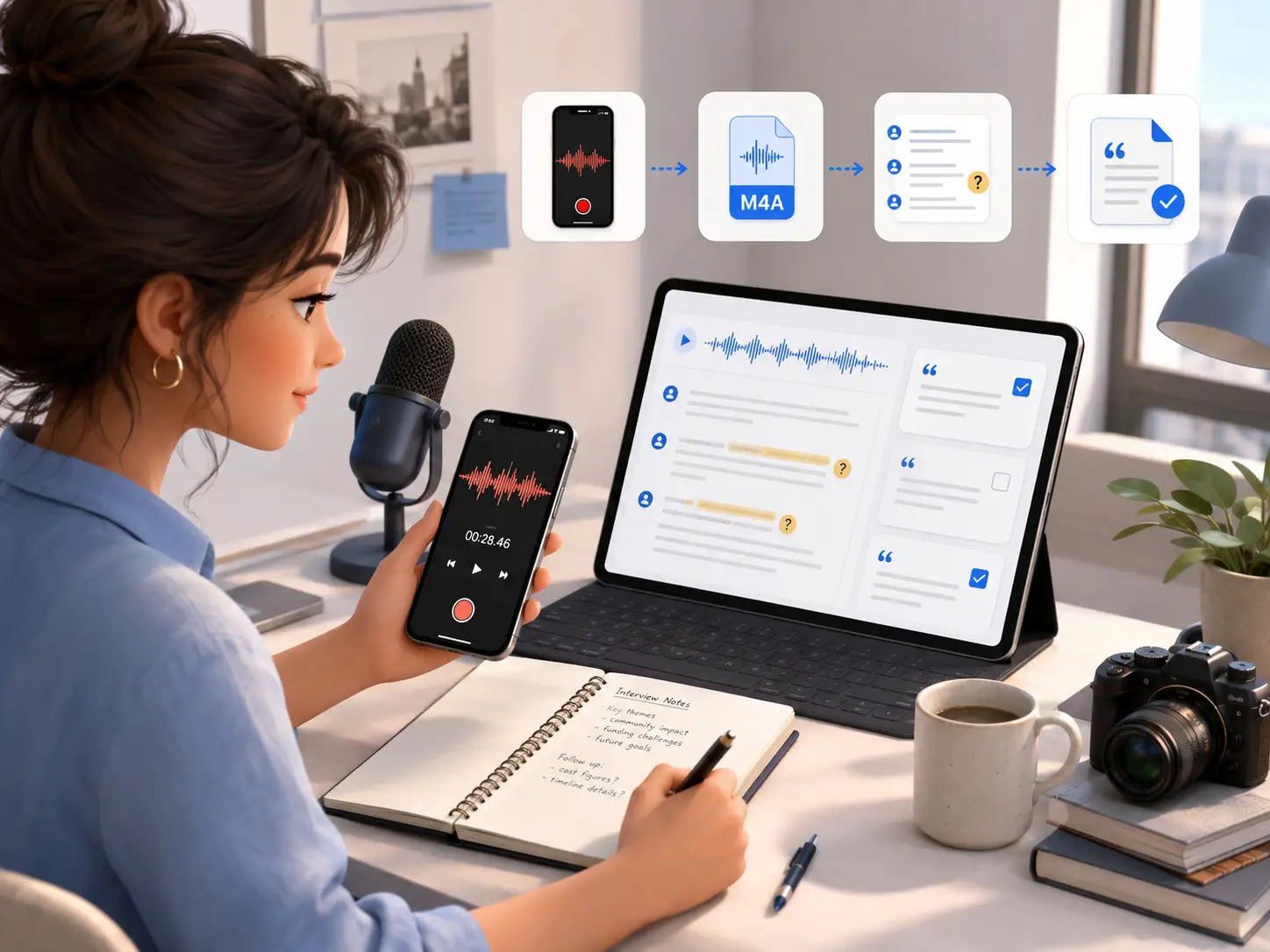 Journalist reviewing an iPhone voice memo exported as an M4A file, checking uncertain transcript passages and writing interview notes at a desk.