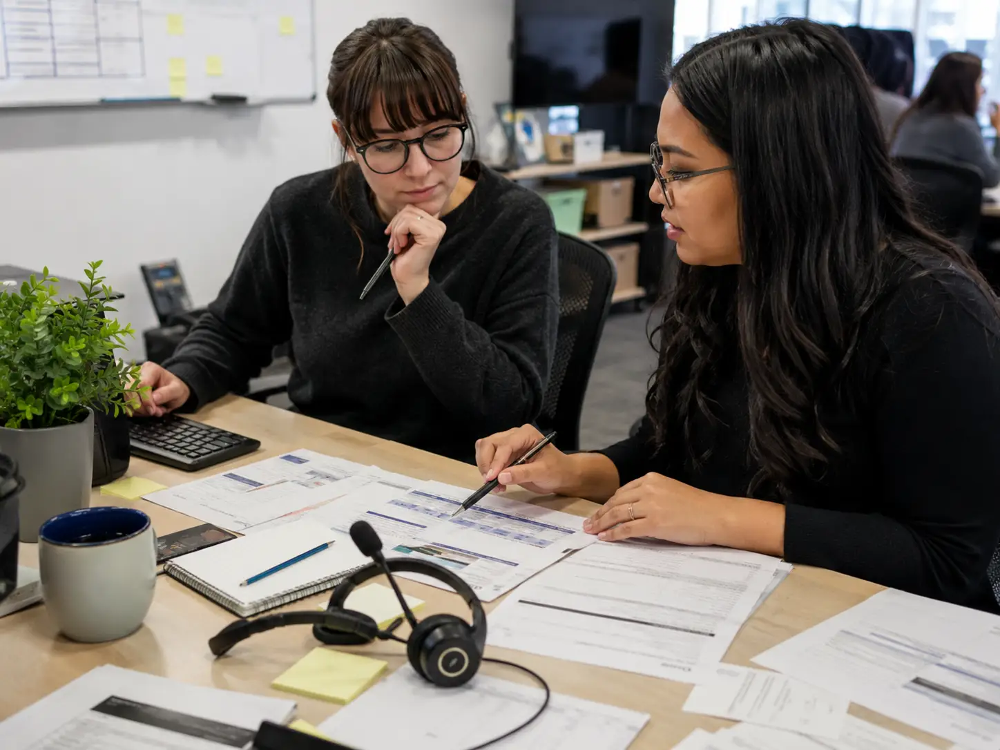 Customer support and QA team members reviewing call records and printed reports together at an office desk