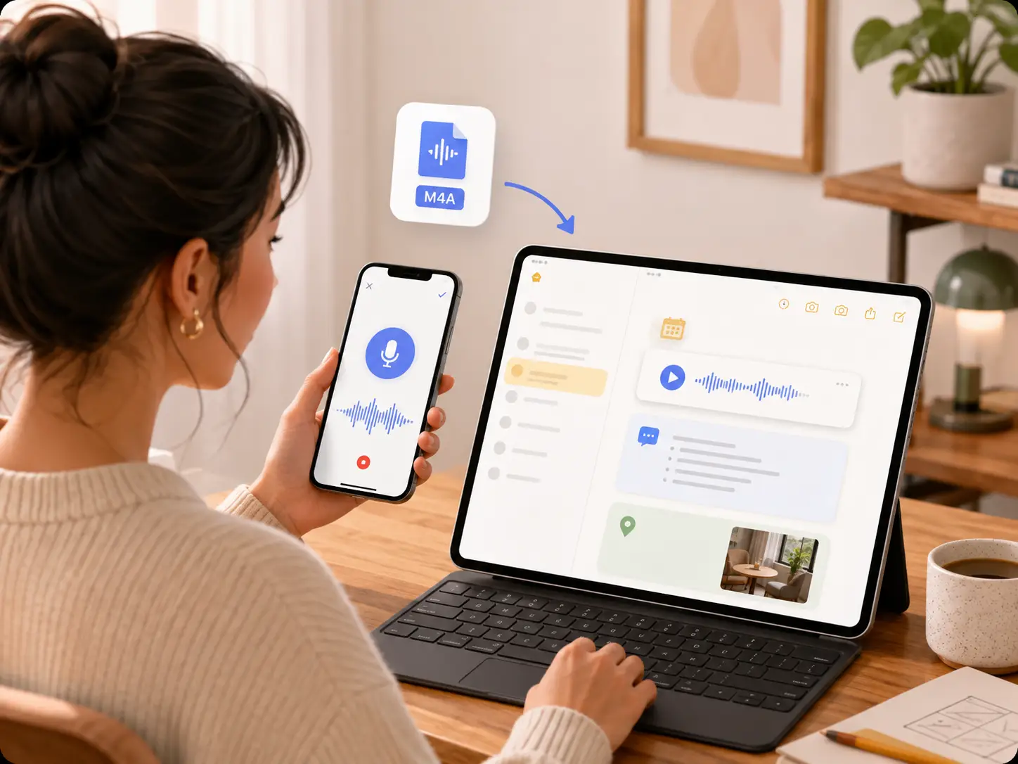 Person saving an exported M4A voice note into Apple Notes with transcript text, recording date, and a short summary for later reference.