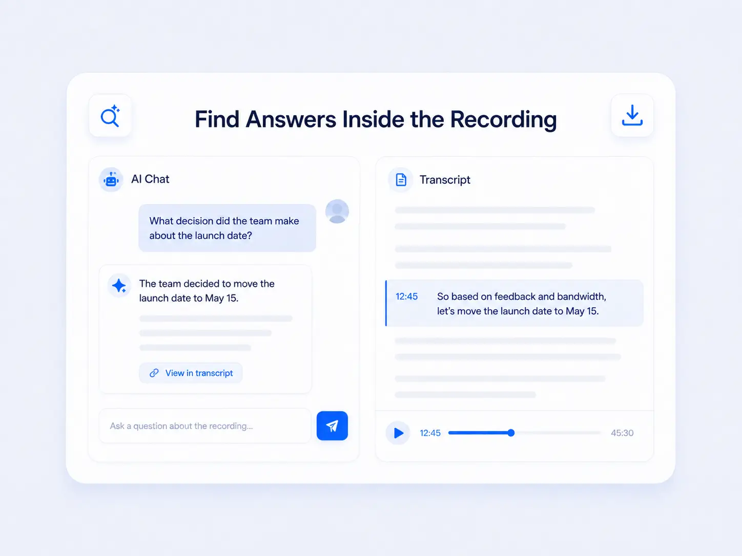 AI chat interface answering a question from the completed transcript and linking the answer back to the relevant point in the recording