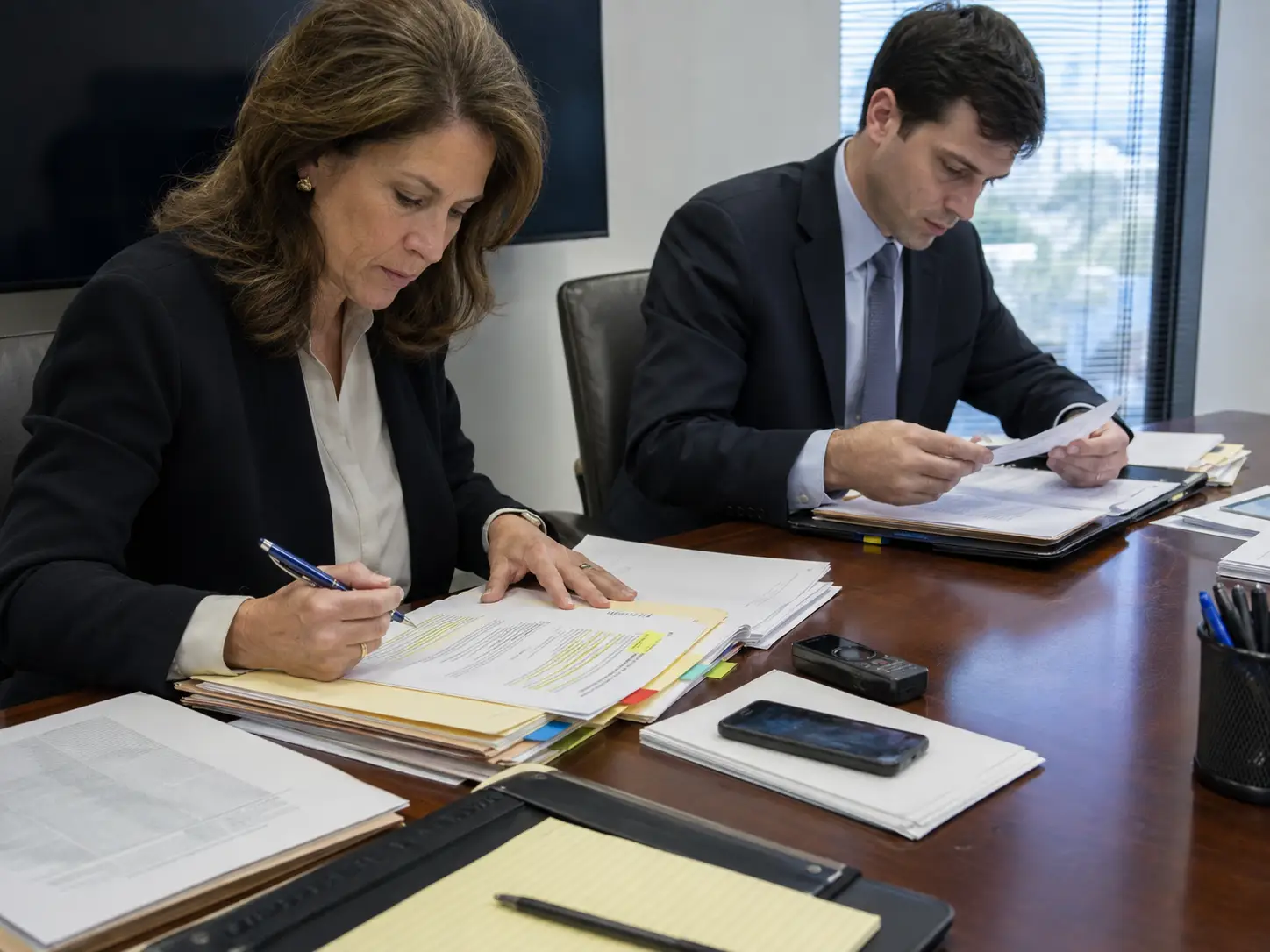 Legal and compliance reviewers examining printed statements and marking important details during a document review meeting