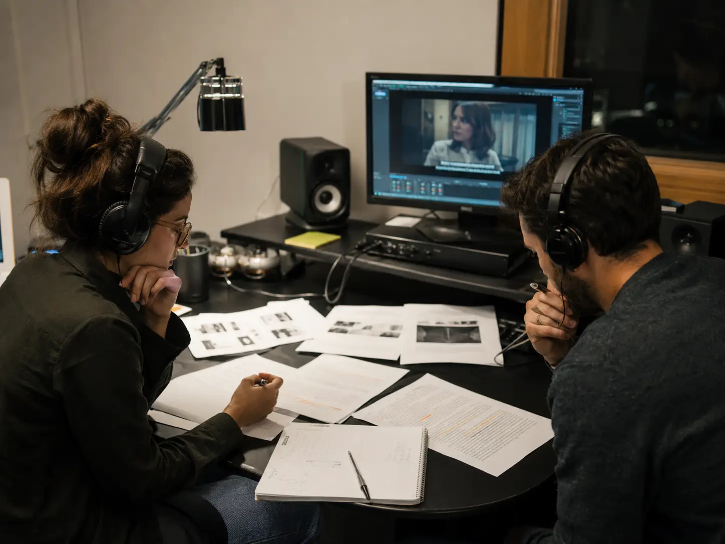 Localization and subtitle team reviewing translated dialogue and subtitle timing in a media editing workspace