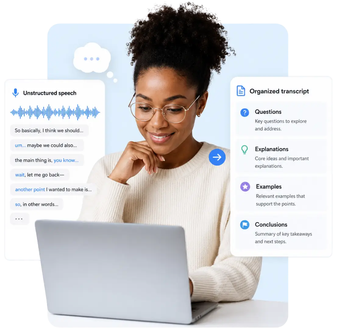 Woman turning unstructured audio into organized notes with an M4A transcription workflow