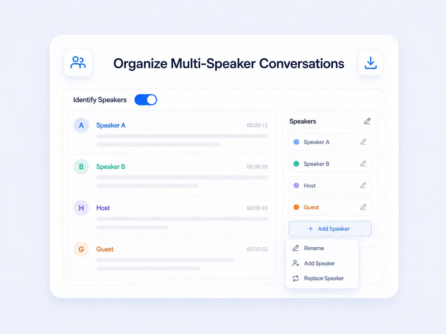 Multi-speaker transcript interface showing speaker identification turned on with editable speaker labels for each part of the conversation