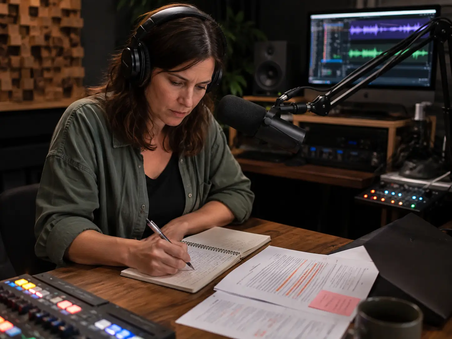 Podcast producer in a recording studio reviewing episode notes with a microphone, headphones, and audio editing setup