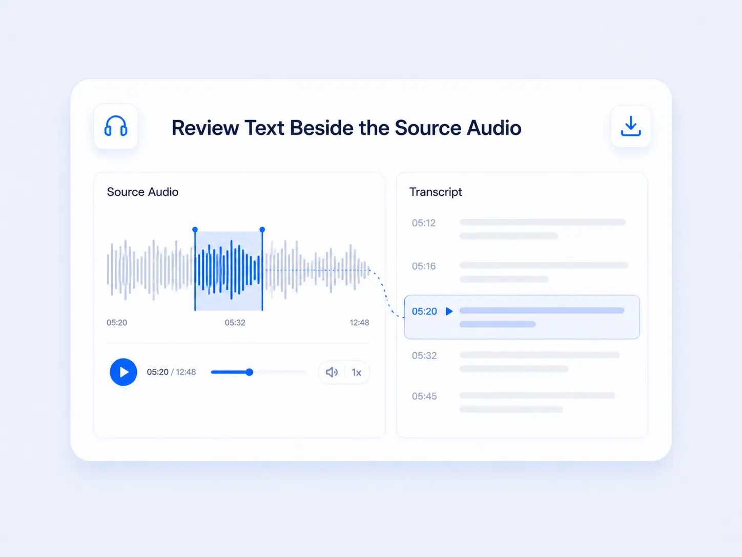 Transcript review interface showing source audio playback, timestamps, and matching transcript text side by side