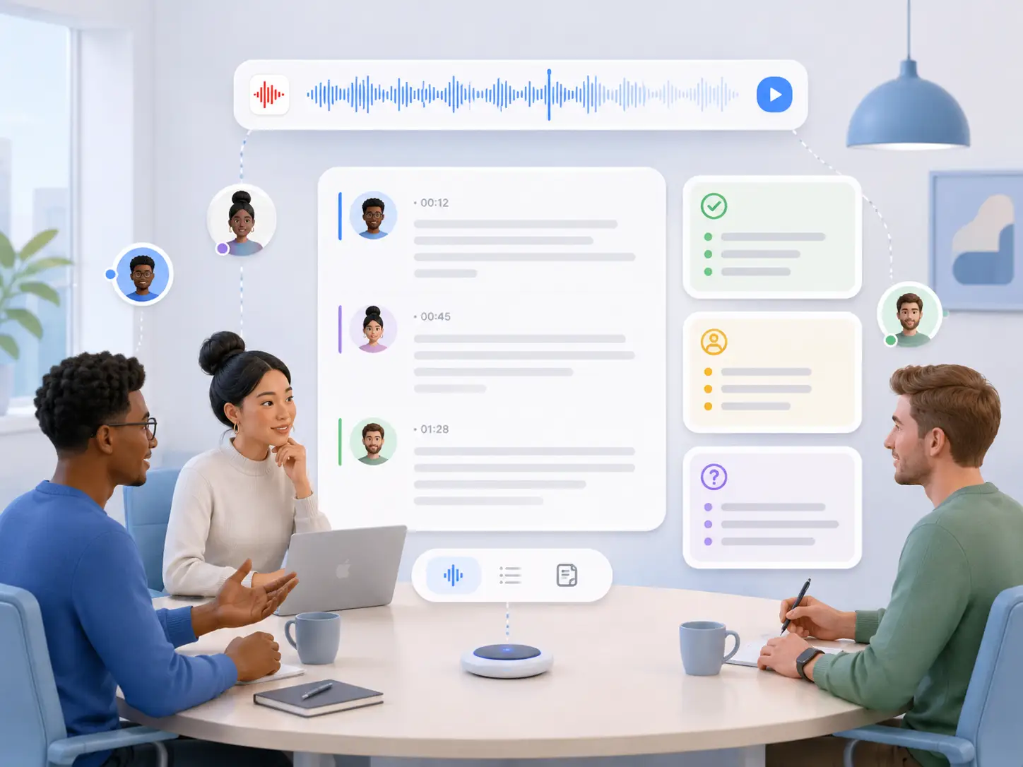 Three teammates reviewing an Apple Voice Memo transcript with speaker labels, organizing the discussion into decisions, responsibilities, and unresolved questions.
