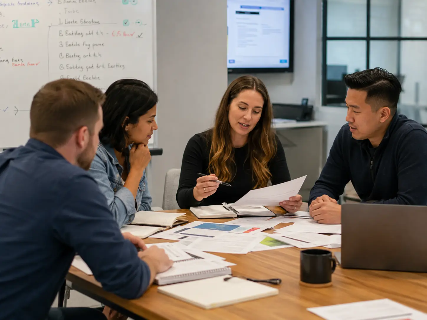 Sales enablement team discussing documents and training notes during a meeting in a modern office