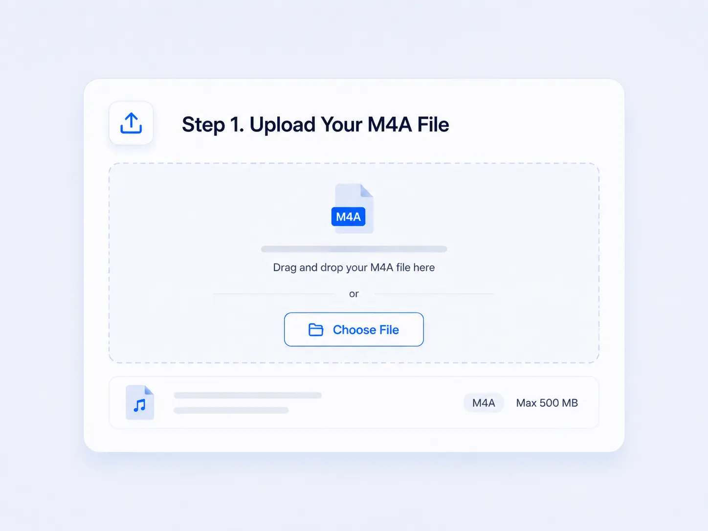M4A upload interface showing a drag-and-drop area and file size support for starting transcription