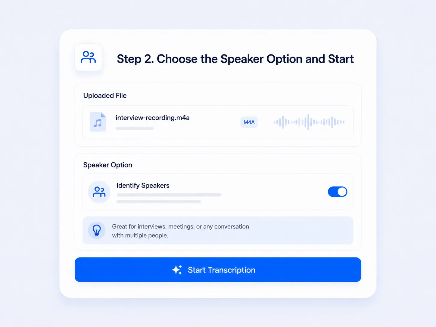 Transcription setup interface showing an uploaded M4A file, the identify speakers option, and the button to start transcription