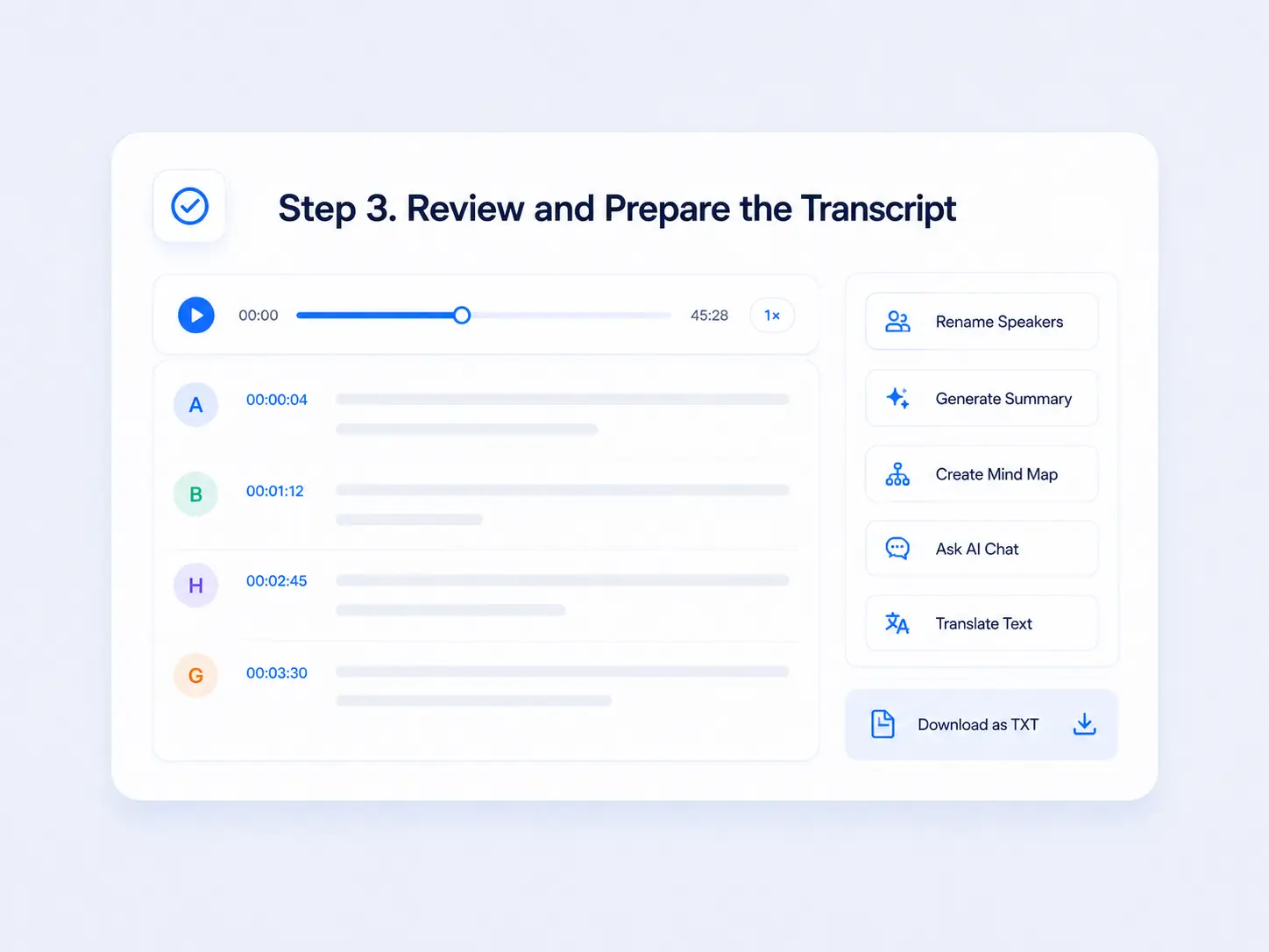 Transcript review interface showing timestamps, speaker labels, and tools to rename speakers, generate a summary or mind map, ask questions, translate text, and download the transcript