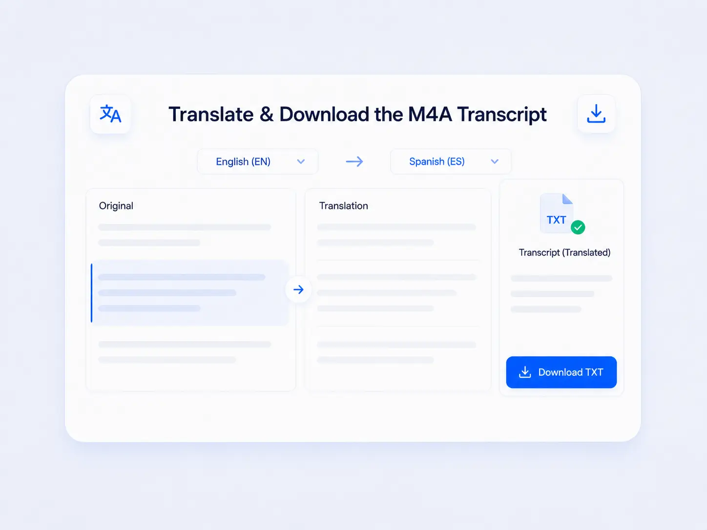 Transcript translation interface showing original text, translated text, and a download option for the final M4A transcript